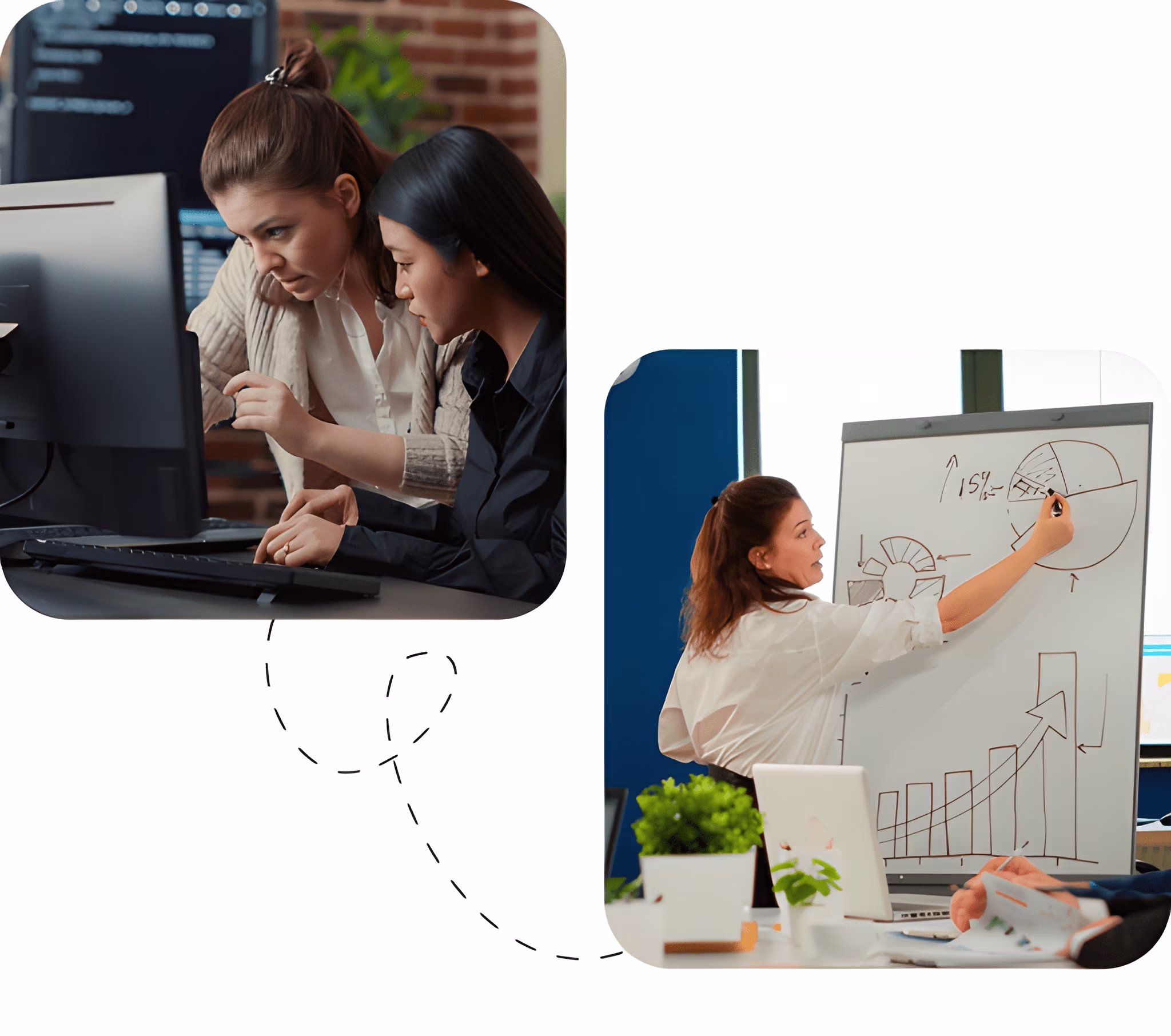 Two scenes showing professional women collaborating — one pair working at a computer, and one presenting data charts on a whiteboard.