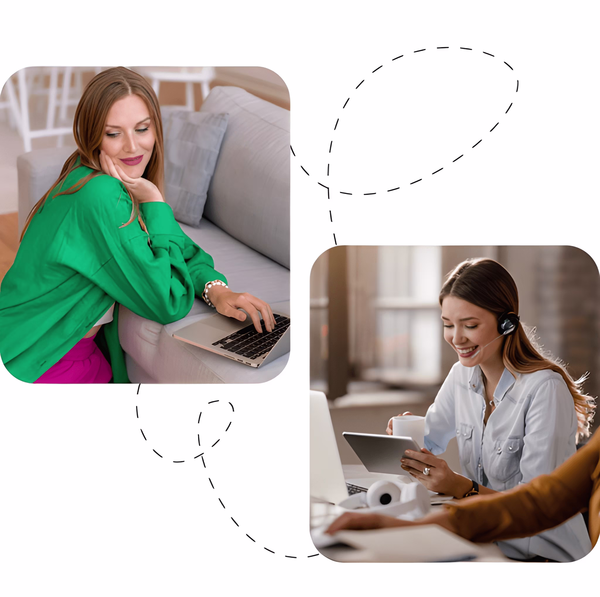Two professional women working remotely, one using a laptop on a couch and the other wearing a headset while using a tablet in an office.