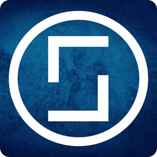 White geometric logo inside a circular outline on a dark blue textured background with rounded corners, resembling a stylized angular letter or abstract symbol.